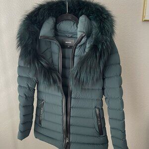 Mackage Kadalina Fox Fur and Leather-Trim Down Jacket Green NWOT Size S